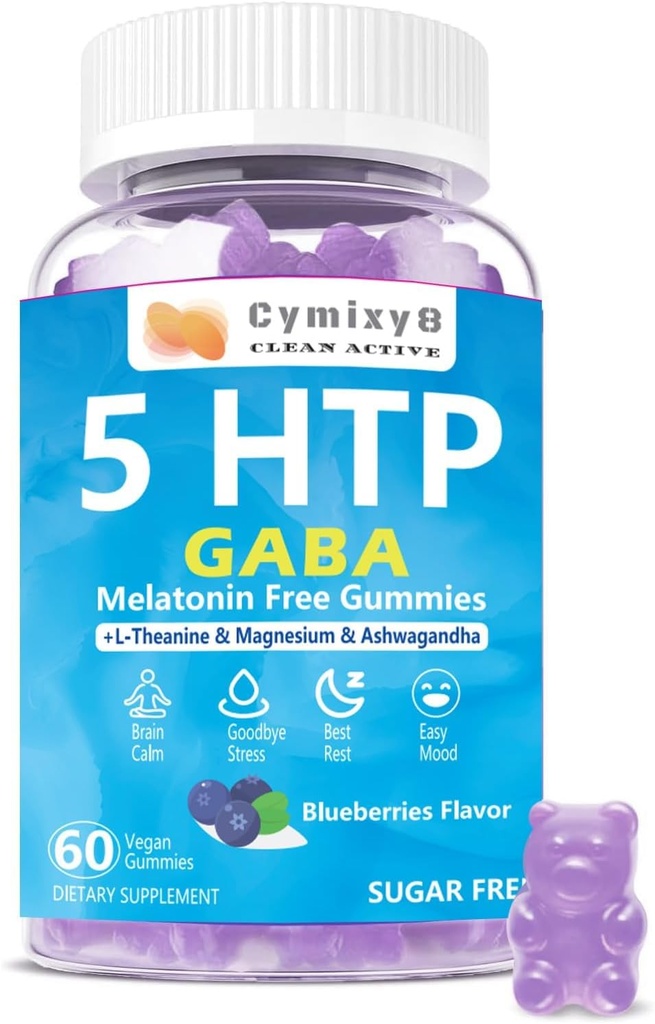 5-HTP GABA Gummys Blend 1700mg,无糖 镇静 gummies with L Theanine, Magnesium, Ashwagandha, Omega-3-6-9, 维生素 D3, B6 天然Zzzs, Mood, Brain-Calm, Blueberry Flavor 60 Count
