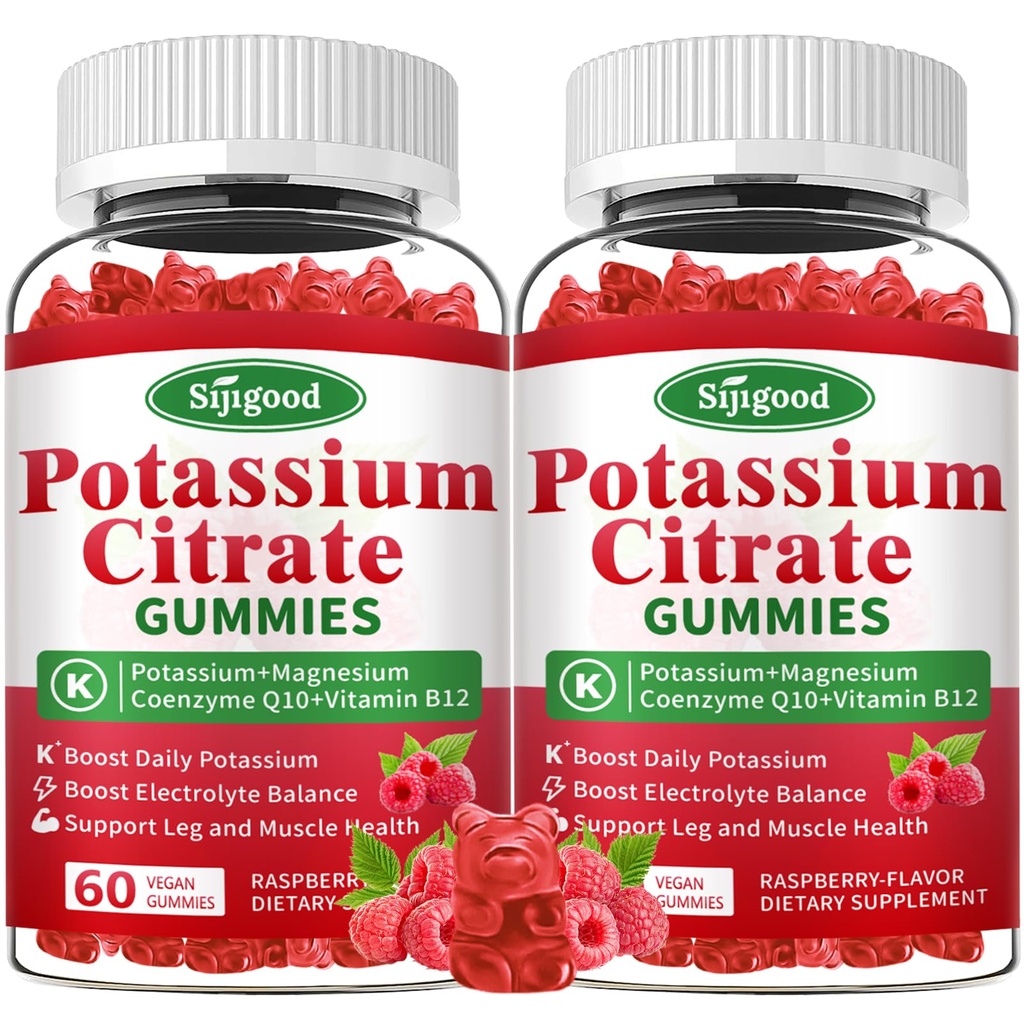 2 Pack Potassium Citrate Gummys – Potassium 补充肌肉健康,腿板减压和电解平衡,Vegan,N-GMO,Gluten-Free,Raspberry Flavor, 120 Counter