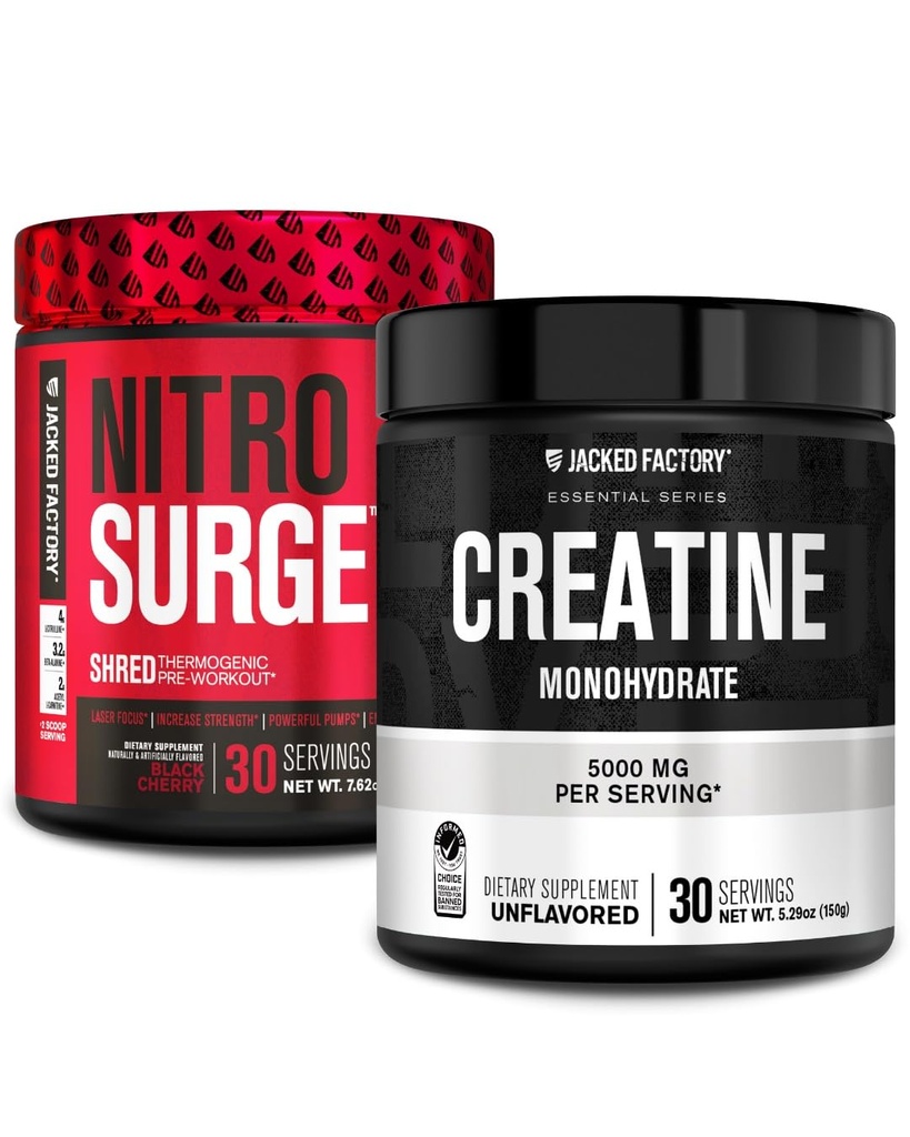 Jacked Factory NITROSURGE Shred Pre Working Supplement(黑樱桃,30名服务员)和克里阿丁单水合物粉(未受欢迎,30名服务员)