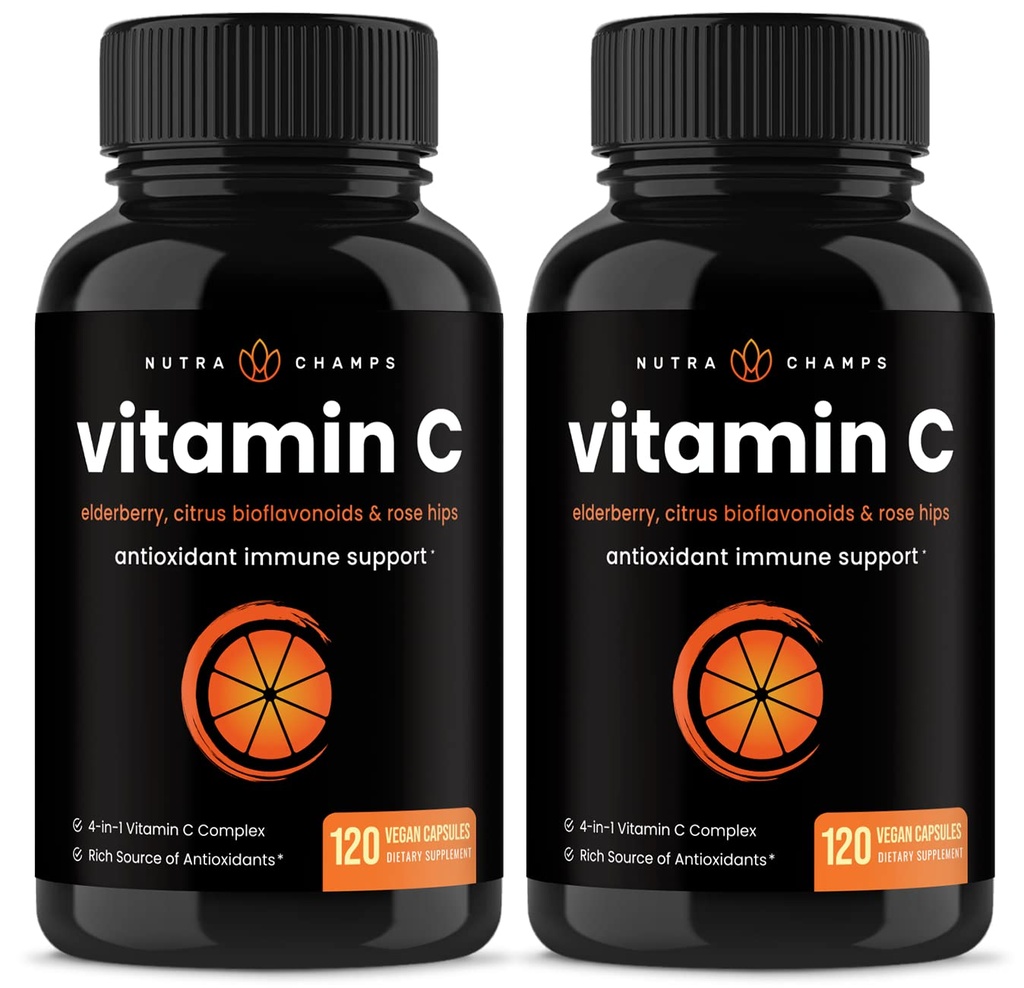 维生素C 1000mg 配有:老莓、Citrus Bioflavonoids & Rose HIPS - 120 Capsules Vegan、非GMO 抗氧化剂补充剂,用于Immune健康与柯拉根生产500mg粉剂