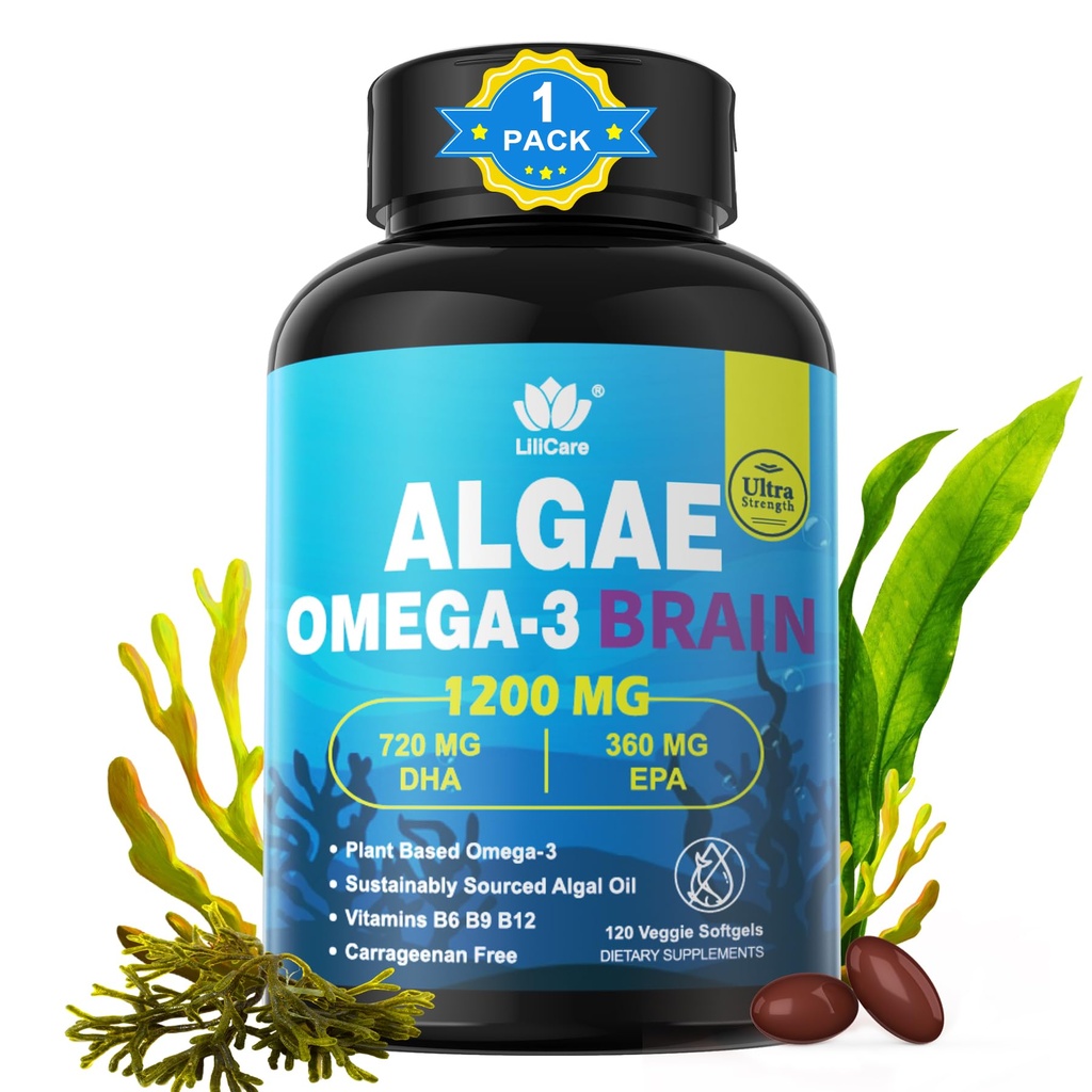 Omega 3 鱼油软胶,含DHA 720mg EPA 360mg, Vegan Algae Science 2:1 脑眼比率,植物可持续源头 Omega 3 补充剂,鱼油替代品 1200mg,无鱼味,120Cts