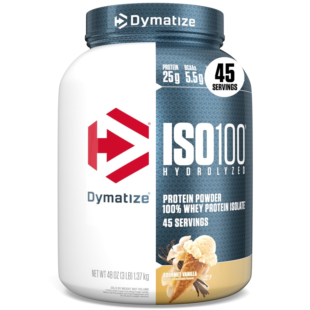 Dymatization ISO100 Whey蛋白蛋白粉溶胶,香草,蛋白质25g,3磅,5.5g BCAAs,小于120 Cal.,Gluten Free,1g Fat,1g Sugar,2g Carb(45服务)