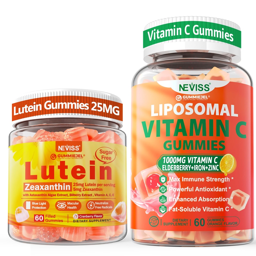 NEVISS 1 Pack Liposomal 维生素 C 1000mg Gummys + 1 Pack Lutein Zeaxanthin 补充 Gummys