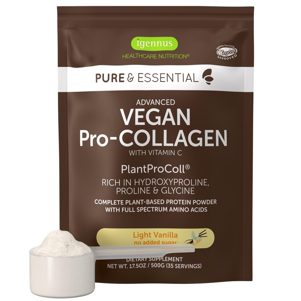 Igennus Advance Vegan 香草甘草粉,加固甘草, Proline & Hydroxyproline & Cofactor 维生素C, 非转基因生物, 以植物为原料的柯拉根粉杆, 35种服务