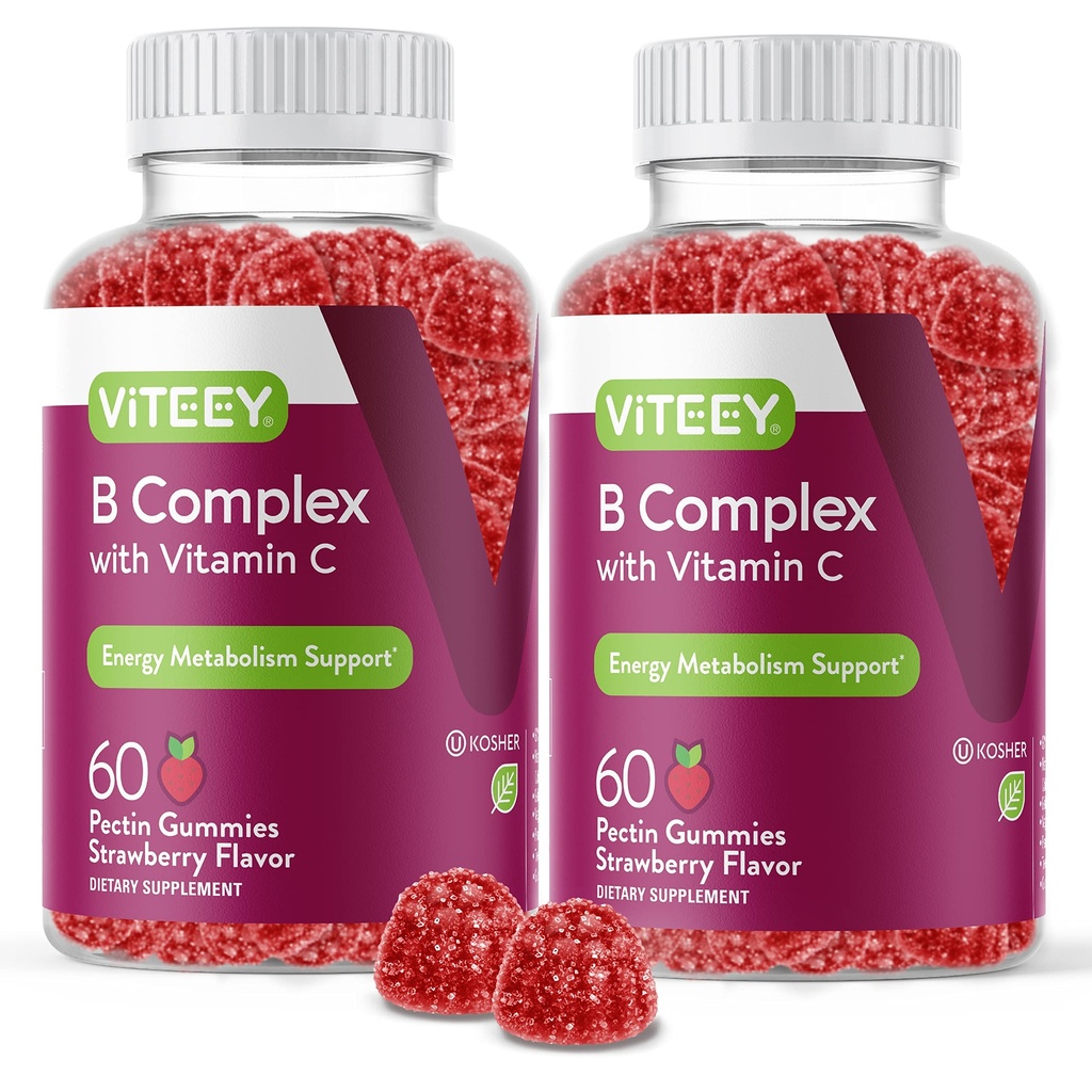 Viteey Vitamin B 配有维生素C的复合蛋白 - 能量,代谢和免疫支持 - B6, B12, Niacin, Folic Acid, Biotin, Calcium - Vegan, Gluten - Free - 120