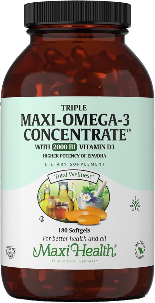 Omega 3 补编 - Omega-3 鱼油三焦与维生素D3 - 强力来源 EPA/DHA 脂肪酸 - 心脏,大脑,联合健康 - Kosher 认证野生捕捉海洋鱼 - 180 Softgels