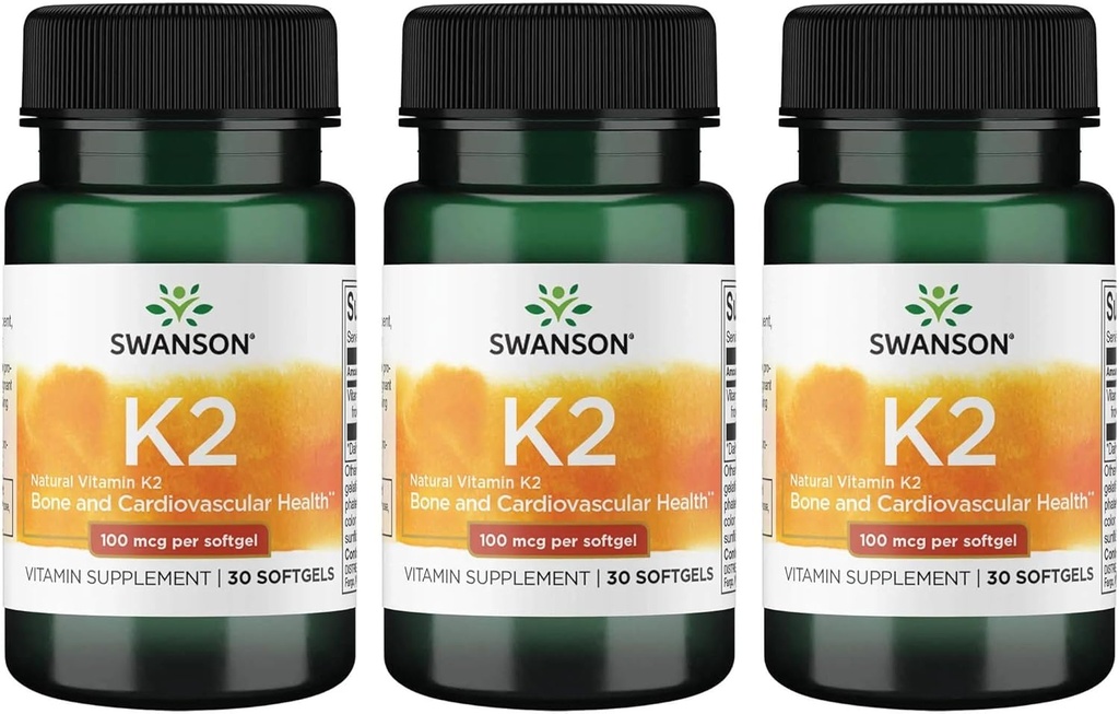 Swanson Vitamin K2(Menaquinone-7) - 维生素补充 支持心血管和骨质健康 - 由日本Natto制造以帮助调节钙 - (30软胶,每包100mcg) (3包)