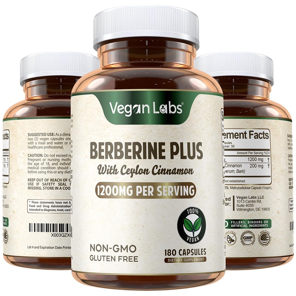 Vegan Labs Berberine HCL 1200MG 有机锡兰锡桂 - 180 Vegan Capsules - 支持整体健康和免疫系统
