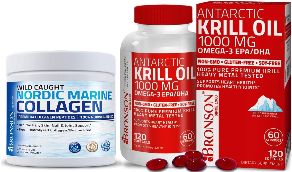 Bronson Marine Collagen Peptides 水解蛋白粉 + 南极磷虾油 1000毫克,配 Omega-3s EPA DHA