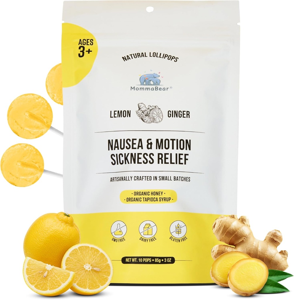 MommaBear Nausea & Motion 疾病 Lollipops – Non-GMO Lemon & Ginger Candy for Nausea – 有机Lolipops for Kids 3+ & 孕妇缓解排泄症 – 紧紧密封的新鲜度 (10包)