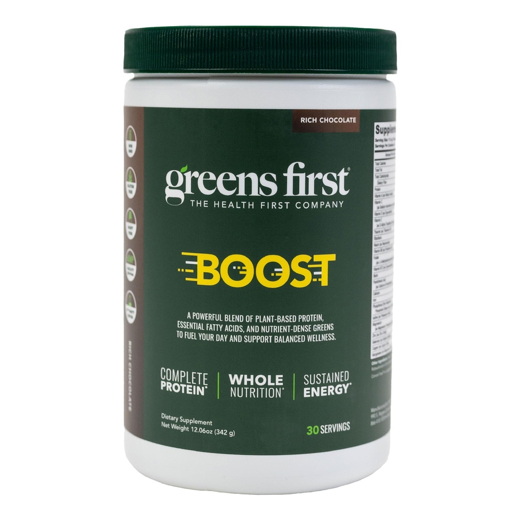 Greens First Boost - 植物基蛋白与平衡营养 - 超级食品摇摆混合体 - 无小麦或大豆 - 无乳品 - Vegan - 荷兰巧克力, 12.28 oz.