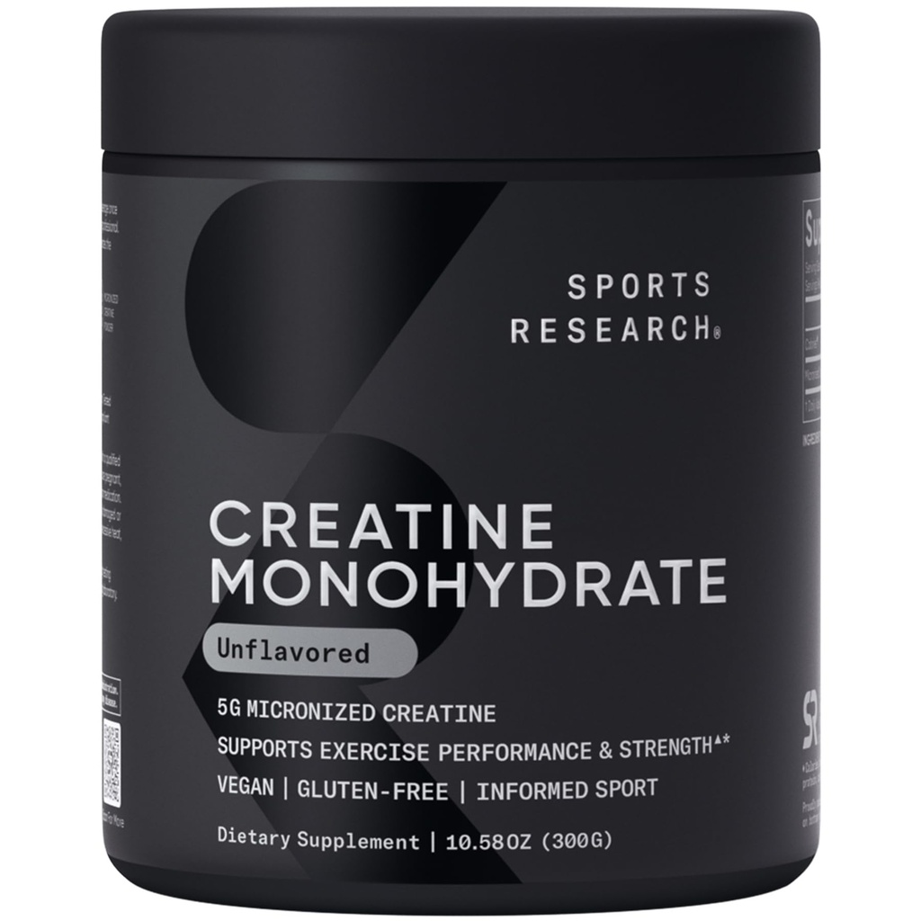 运动研究 Creatine Monohydrate - Gain Lean Muscle, 提高性能和力量以及支持工作恢复 - 5克微量化Creatine - 10.58 oz