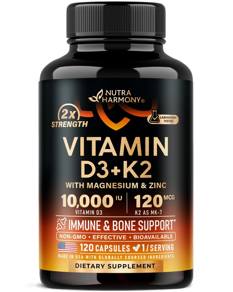 维生素D3 K2 - 维生素D3 1000 iu & K2作为MK-7 120 mcg - Immune & Mood 支持,用于骨和牙齿健康 - 与镁,锌和维生素C & B12 - 高生物可用性 - 在美国制造,120 capsules