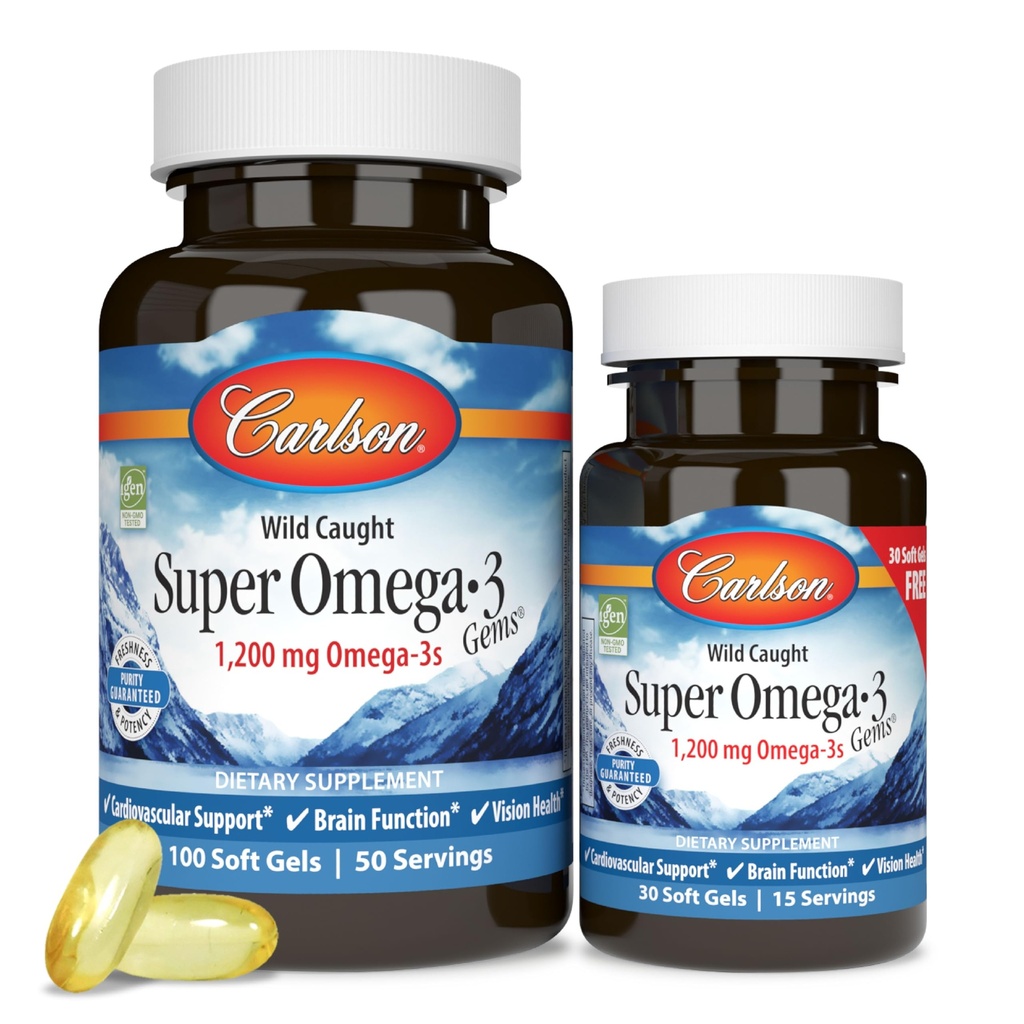 Carlson - Super Omega-3 Gems, 1200 mg Omega-3 Fatty Acids with EPA and DHA, Wild-Caught 挪威补编, 可持续源头鱼油盖, Omega 3 补编, 100+30 软胶