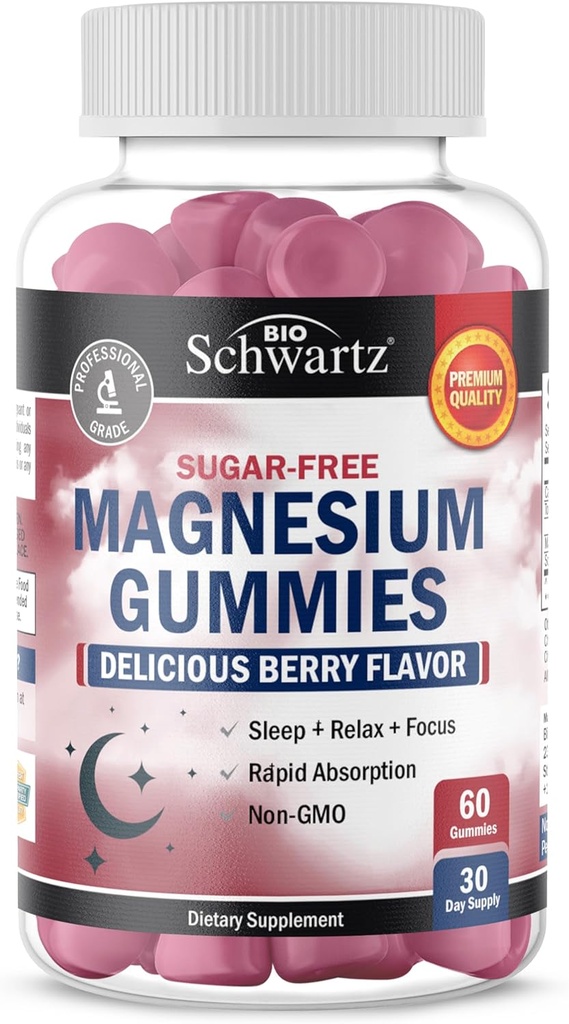 BioSchwartz 糖无镁胶(30种服务) Berry Flavored Magnesium Citrate 补充剂 支持健康神经 肌肉 能量 平静 泥液和睡眠 (Vegan Safe, Non GMO, 60 Gummys)