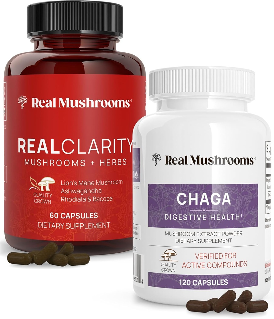 真实蘑菇(60ct)和Chaga(120ct) Capsules Bundle - 精神清晰、焦点、消化卫生和免疫支持的蘑菇补充剂 - Vegan、非GMO、Beta-Glucans的验证水平