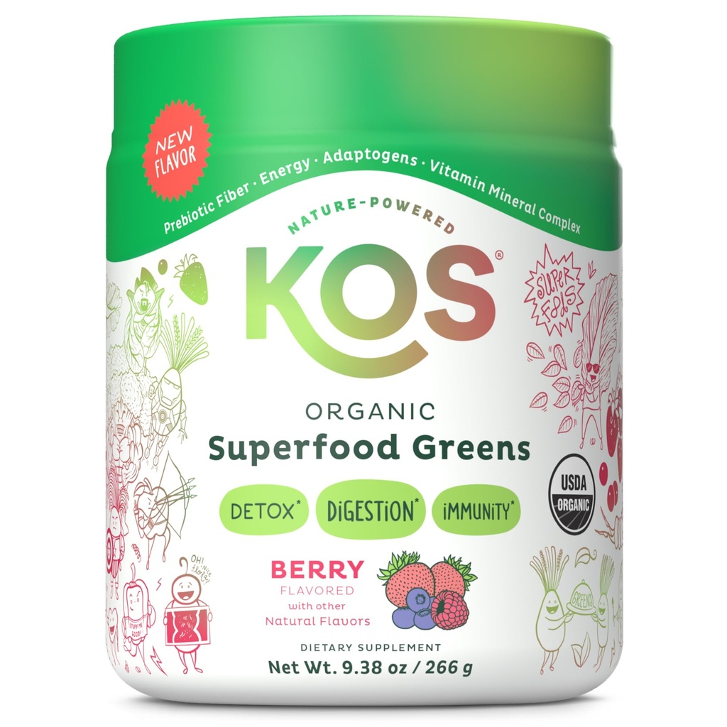 KOS 有机超食品绿皮粉 -- -- 来自生前纤维、超绿色和适应原体的固态健康 -- -- USDA 认证有机物,在一个GMP认证设施中制造 -- -- 28架Berry