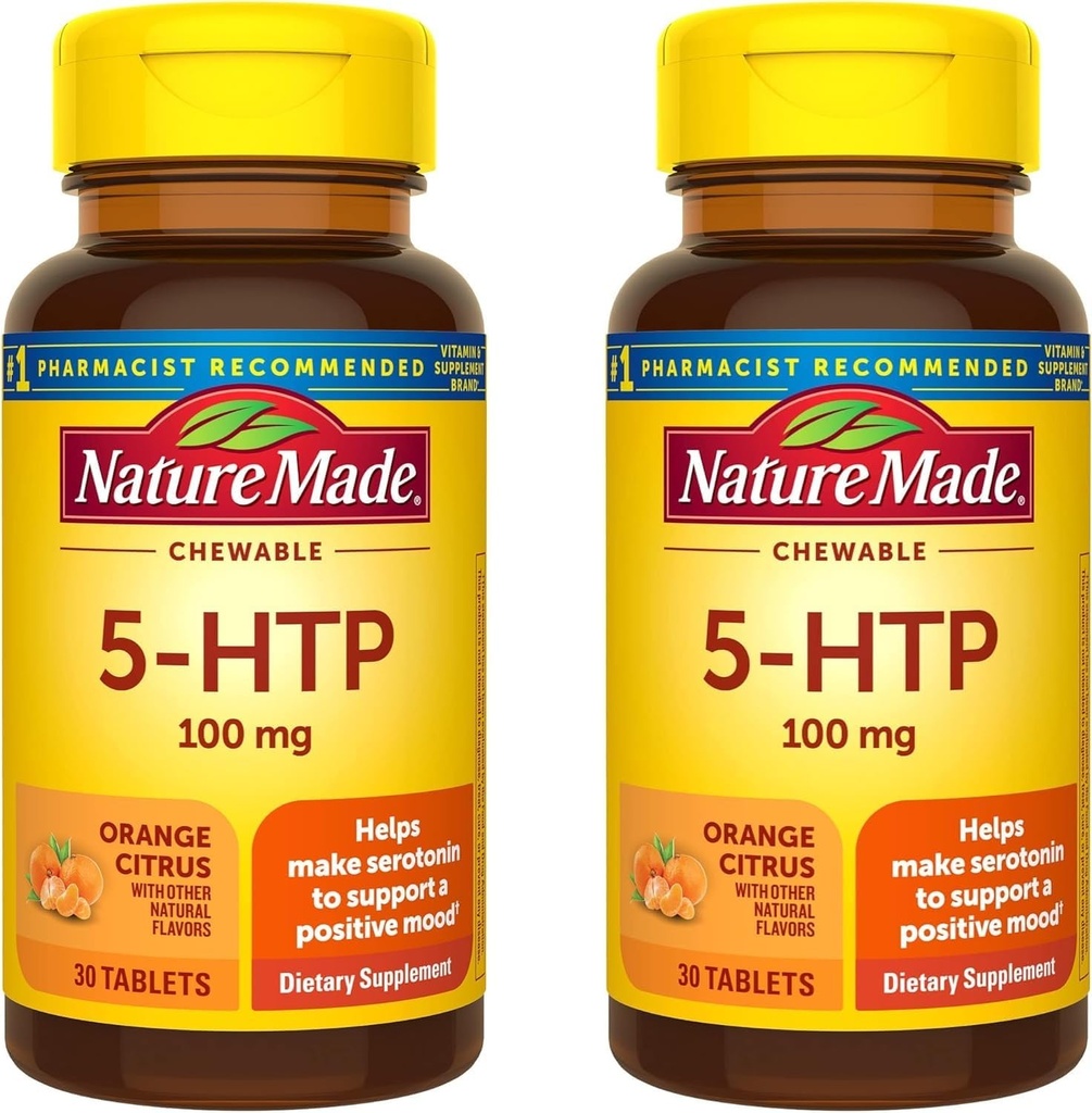 Nature Made Chewable 5HTP 100mg, 5-HTP Mood支助补编, 30 5 HTP Chewable Tablets, 30天供应(包2)