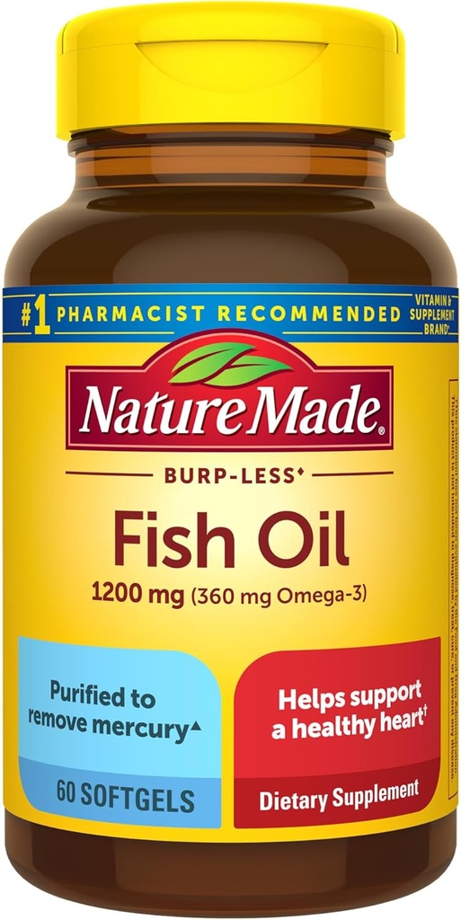 Nature Made Burp 减鱼油 Omega 3 补充品, 1200 mg 软胶, EPA DHA Omega 3 健康心脏支持鱼油补充品, 60 软胶, 30日供应