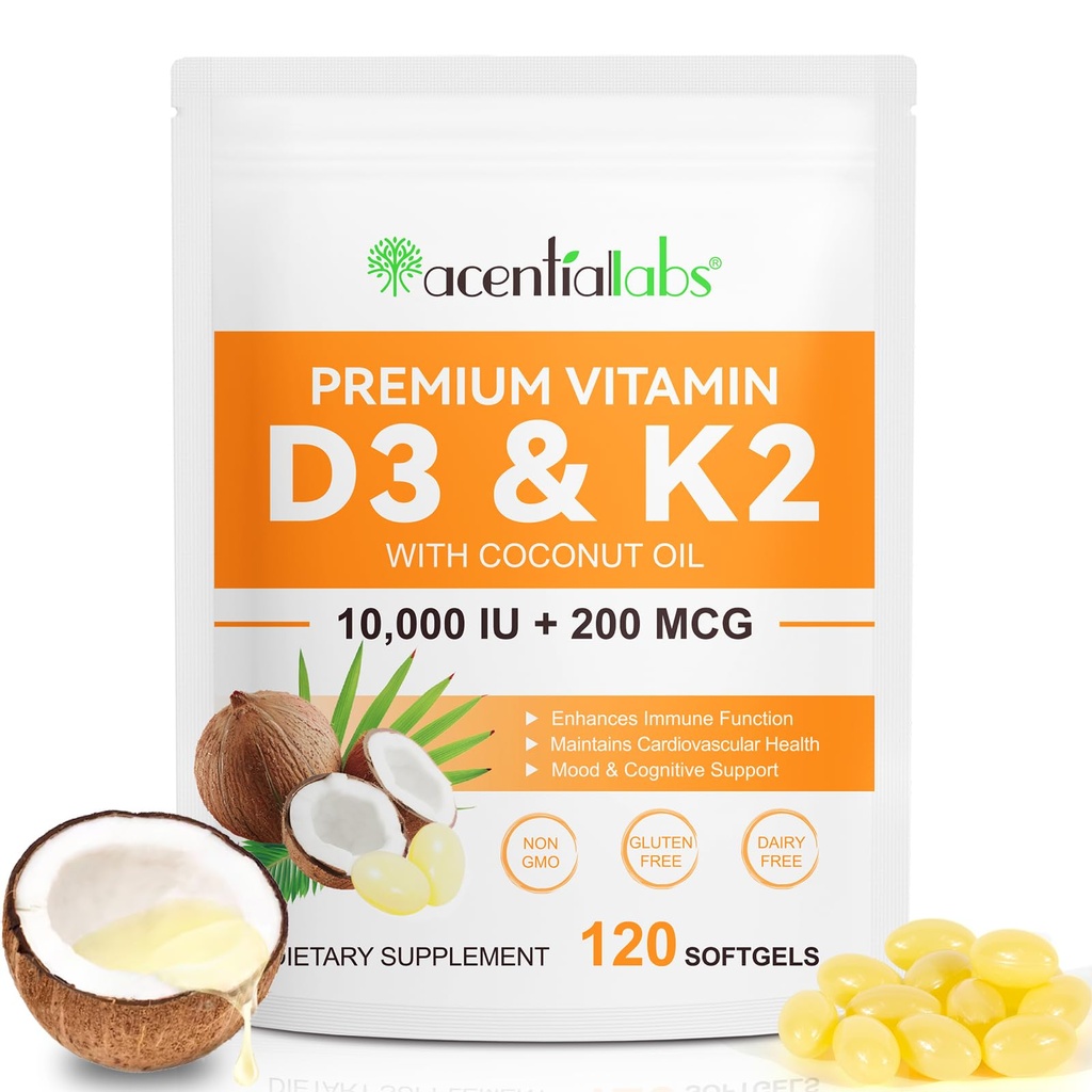 维生素D3 K2 补充软胶,1000 IU VIT D3 + 200 MCG K2(MK-7) → 2-in-1 补充方用椰油,支持钙吸收,易吞120 Capsules.
