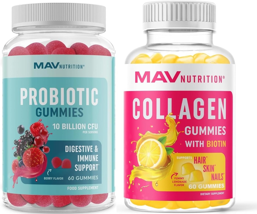 MAV 妇女营养科拉根Gummys 和 Probiotic Gummys 毛发、皮肤、钉子和 Gut 健康支持 生物素、维生素C 和 5亿 CMU 每人 60 古米