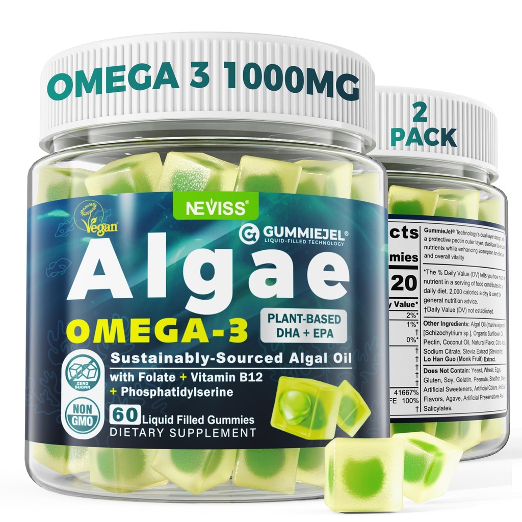 2 Pack Algae Omega 3 Gummys 1000mg,植物基 DHA 460mg & EPA 230mg,Omega 3 鱼类的成人油替代品,加甲基叶酸盐,维生素B12,磷酸盐,无鱼味,Vegan,无糖