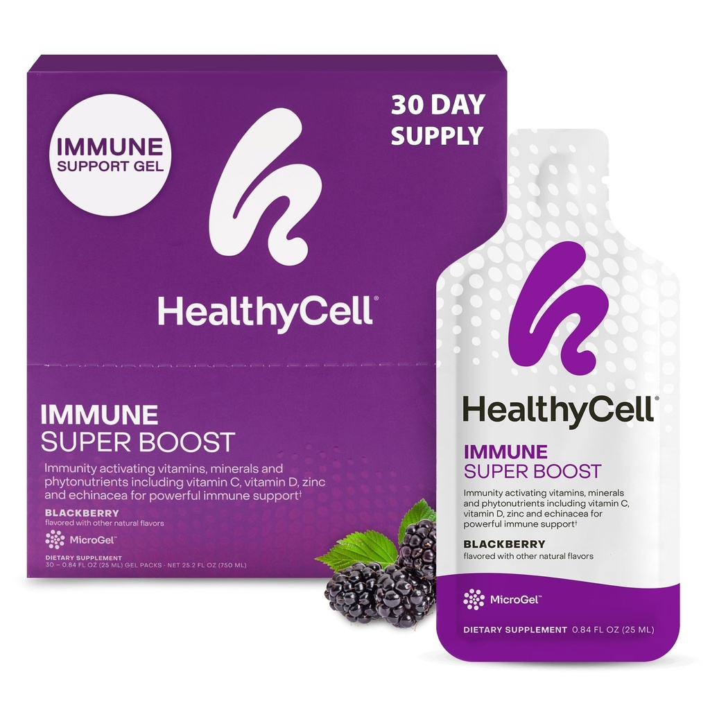 健康细胞 Imune Super boost Daily Liquid Supplements - Echinacea, 老年莓, 维生素C, 维生素D, 钙和锌 - 30 Gel Packs 的成人免疫辅助剂