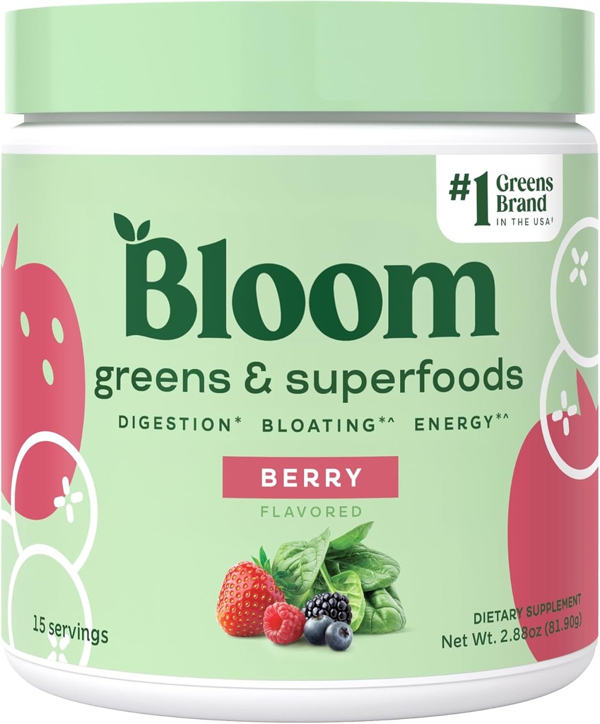 布鲁姆营养超食品 绿皮粉 消化酶 w/Probioctics & Prebiotics, Gut Health, Bloating Relief for Women, Chlorella, 15 SVG (15 services (Pack of 1), Berry)