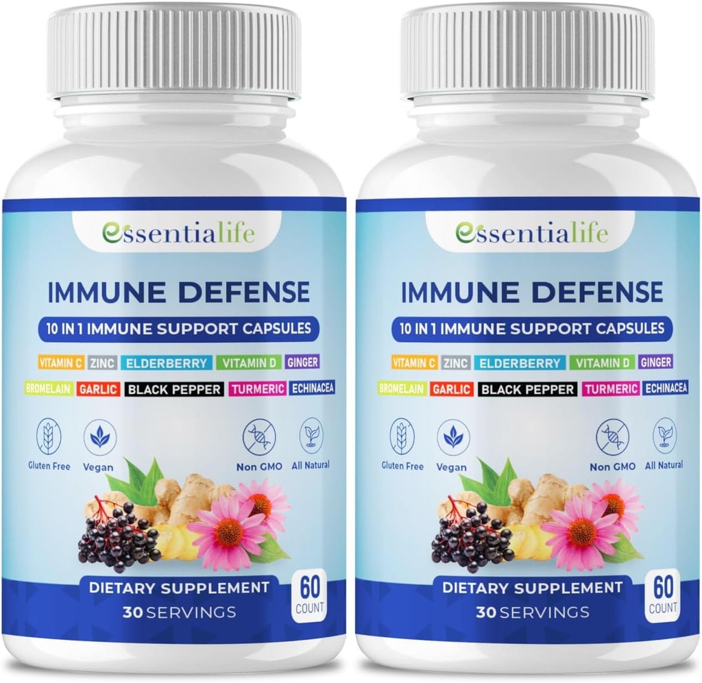 免疫支持补充剂 -- -- 2包10分1的长老莓、Echinacea、维生素D、维生素C 1000毫克和锌补充剂 -- -- 成人免疫促进剂 -- -- 120个维生素卡普苏尔