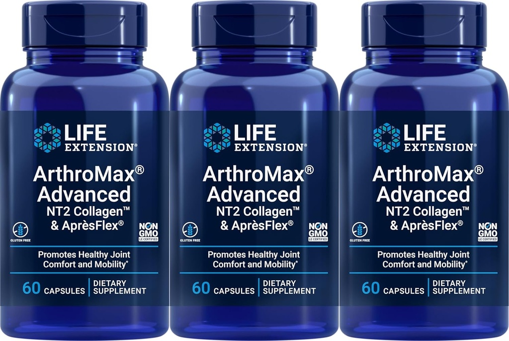 寿命延长 ArthroMax 高级 与 NT2 Collagen & ApresFlex, 60 Capsules (Pack of 3) 连接
