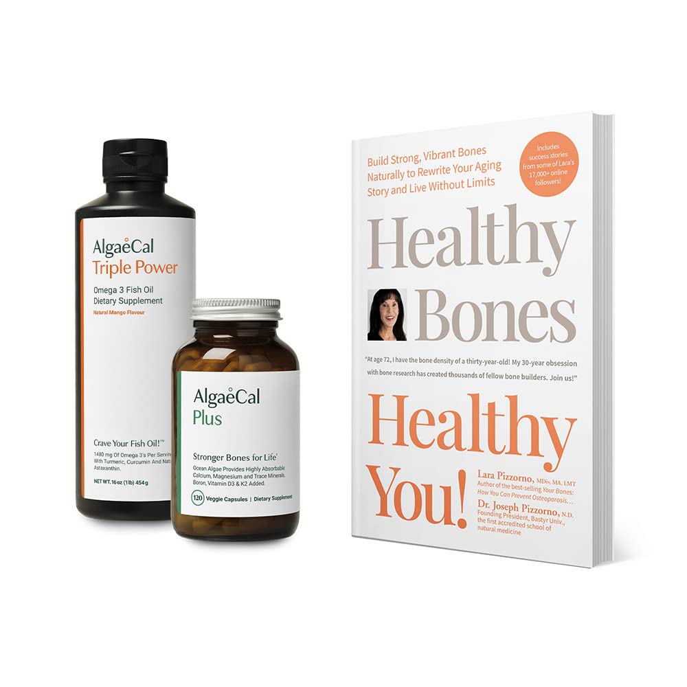 ALGAECAL Bundle - 含有维生素D+K2的钙补充剂,Mag,Boron & Omega 3 Fish Oil 配有EPA & DHA 和 Lara Pizzorno 健康骨骼的书,以提高骨质健康