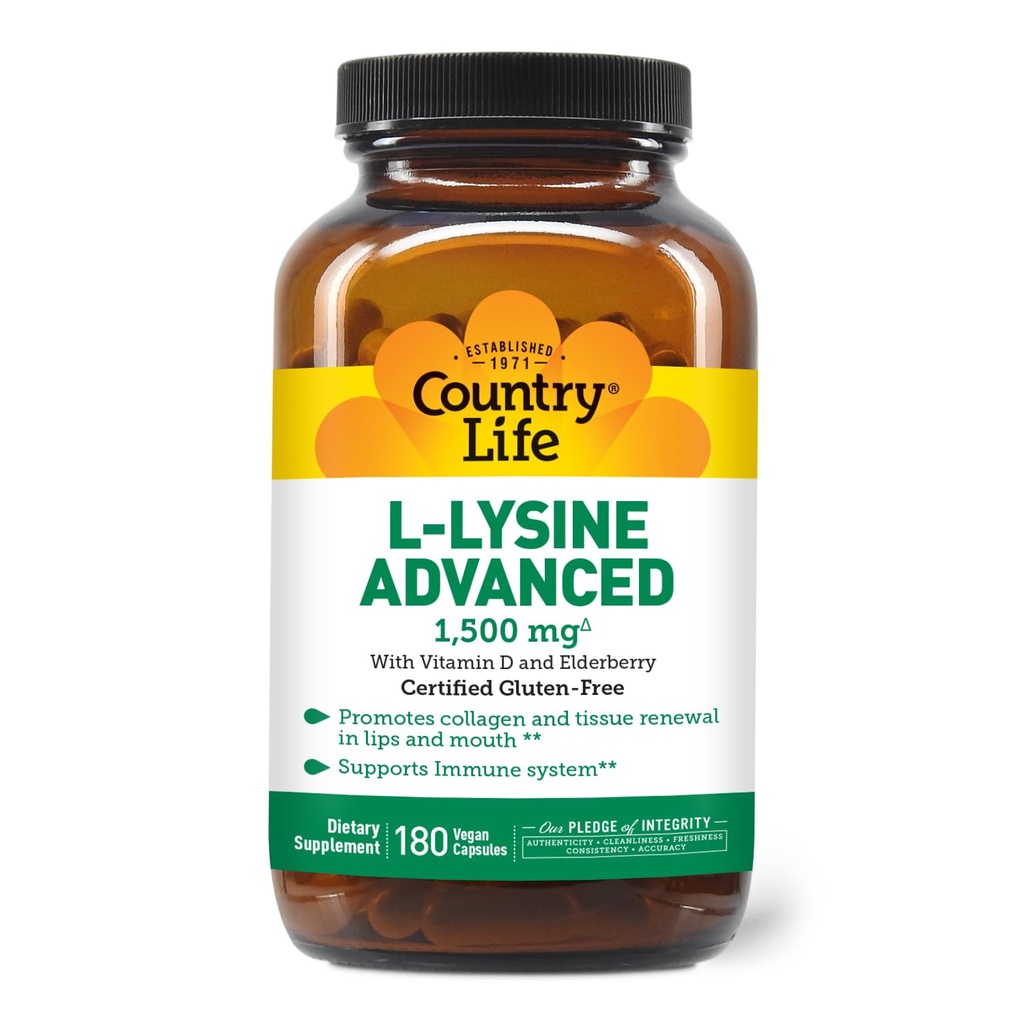 乡村生活 L-Lysine 1500mg Capsules 配有维生素D & 长老莓 – 高级免疫支持和Collagen更新 – 经认证的无脂葡萄糖 & Vegan – 180 Capsules