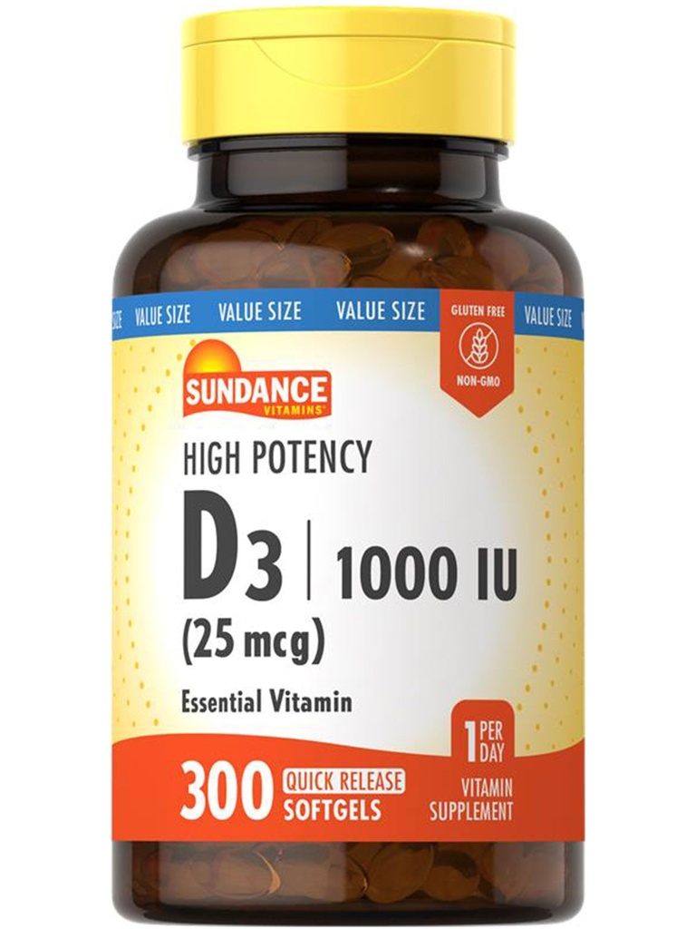 圣丹斯维生素D3 1000 IU → 300 Softgels → 高概率 → 基本维生素配方 → 非GMO 和 Gluten 免费补充