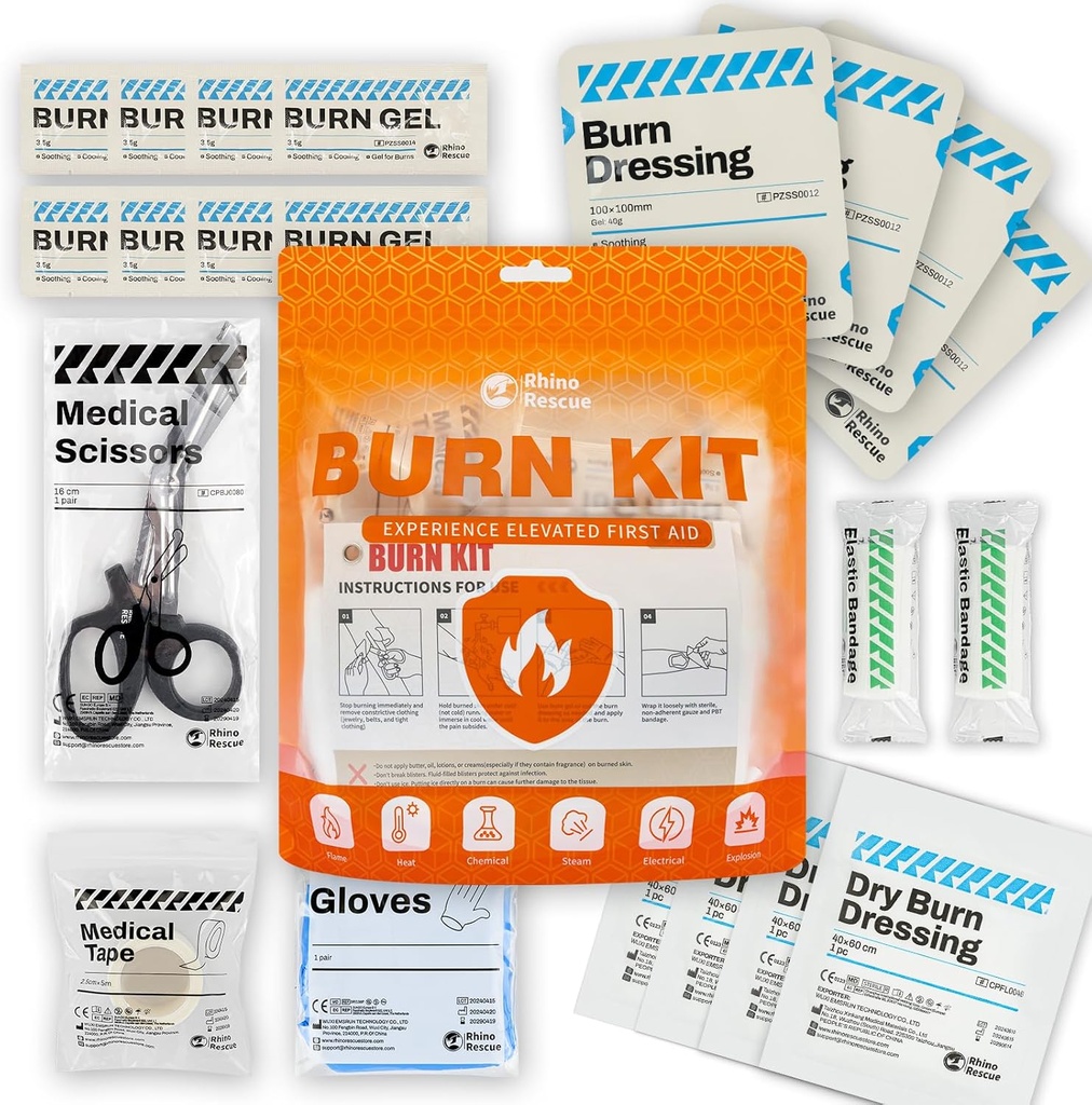 RHINO RESCUE Burn Kit, 4pcs Burn Dressings 4x4), 8pcs Burn Gel Packets 3.5g, 4pcs Burn Pads, 急救 Kit 冷却苏美尔 奶油酸奶, 薄膜,剪刀,磁带, HSA/FSA 合格