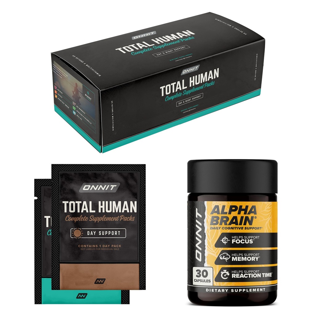 ONNIT Alpha Brain Bundle -- -- 诺诺氏脑补充剂(30个计数),用于聚焦、集中和记忆+人类总日夜维生素包(30天供应)