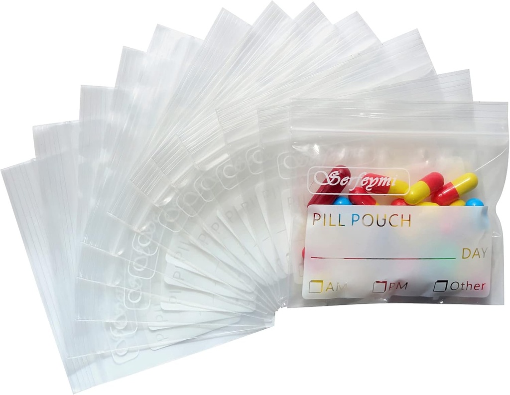 Serfeymi Pill Bags for Travel Pill 邮袋组织者 120 BPA Free 3 x 2.75英寸 可重复使用的药品邮袋 标签和 Zipper Seal防水 AM PM Pill Baggies for Suppers