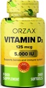 ORZAX 维生素 D35000 iu(125 mcg) – 非GMO, Gluten Free, Sugar Free, 奶制品 Free – 1年供应 强健肌肉功能和免疫支持 – Mood 健康补充(360 Softgel)