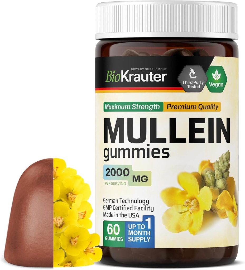 BIO KAUTER Mullein Gummys for Lungs 2000 mg - 60 Chews - 肺除毒补充剂 - Mullein Leaf Gummys - Vegan, Gelatine - 无