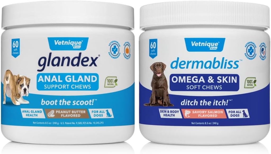 VETNIQUE Dermablis Omega & Skin 对狗的 Chews (60ct) & Glandex Anal Gland 支持花生酱软嚼对狗(60ct) Bundle