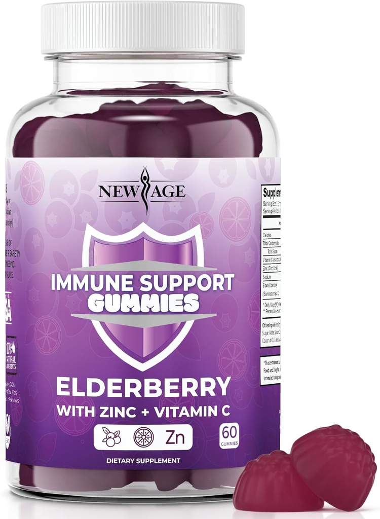 新AGE 免疫系统支持Gummys - 配有维生素C和锌的Sambucus Black Elderberry Gummys(免疫系统支持60 Gummys).