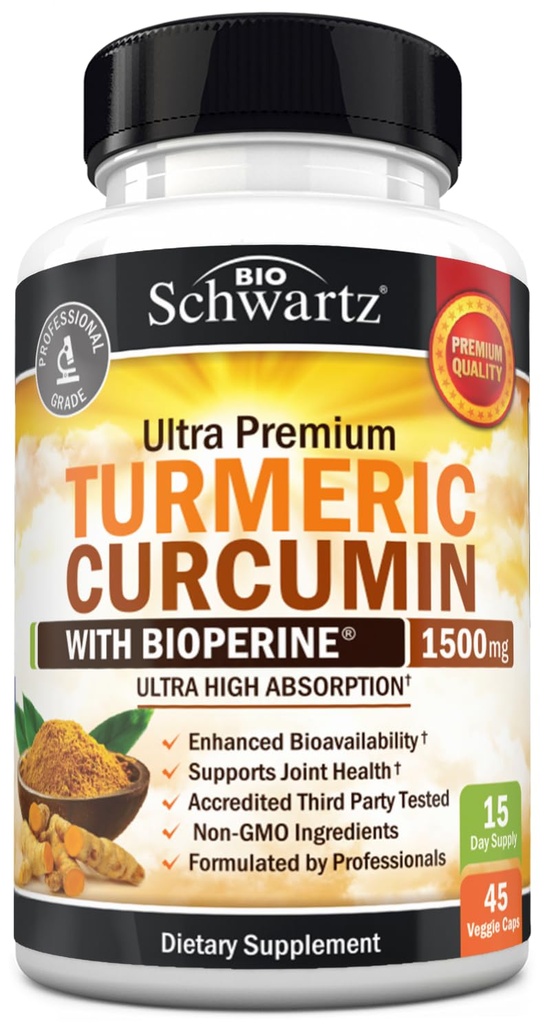Turmeric Curcumin with Black Pepper screw 1500mg - 高吸附性 Ultra Potent Turmeric 补充剂,95% Curcuminoids 和 BioPerine - 用于联合支持的非 GMO Tummeric Capsules - 45 Capsules