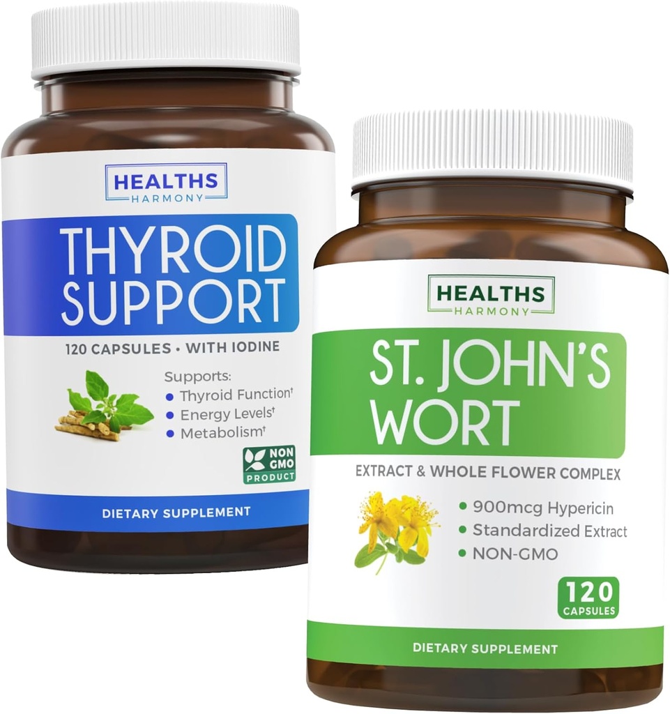 St. John's Wort & Thyroid Support - Mood Boost & Balance Bundle - St. John's Wort (Non-GMO) 装有强大的900mcg Hypericin Extraction & Thyroid 配有碘促进能源改进的辅助