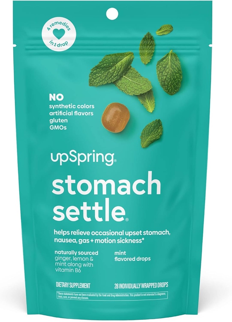 UpSpring 胃部安顿剂 偶尔用姜、柠檬、斯皮尔明和B6. Mint Flavor Drops, 28 Ct(包装 May Vary)