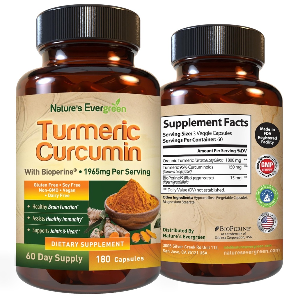 Turmeric Curcumin with Black Pepper Certain (Bioperine) & Organic Turmeric Vegan 联合支持补编. 摘录95%的Curcuminoids 1965mg 健康关节和免疫支持补充. 180 顶盖