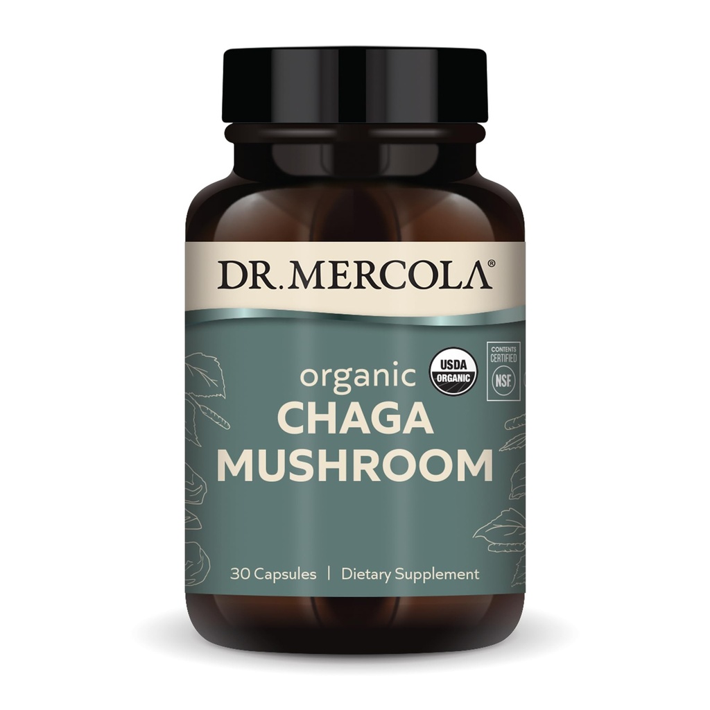 Mercola Organization Chaga Mushroom博士,30位服务员(30张牌匾),膳食补充品,支持健康免疫功能,非GMO,认证的USDA有机产品,NSF内容认证