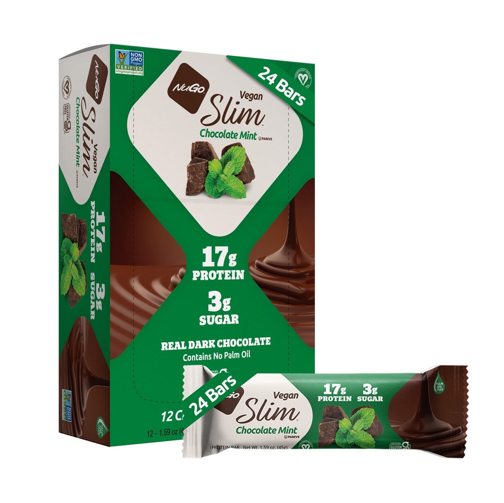 Nugo Slim 暗巧克力薄荷,18g Vegan蛋白,3g 糖,6g 纤维,低网碳,Keto Friend,Gluten Free, 24 Counter