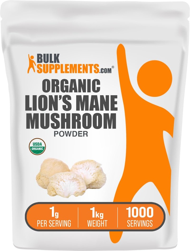 Bulk Assupports.com 有机狮子马内蘑菇粉 - 狮子马内蘑菇,蘑菇补充剂 - Vegan & Gluten Free,每服1克,1kg(2.2磅)(包1)