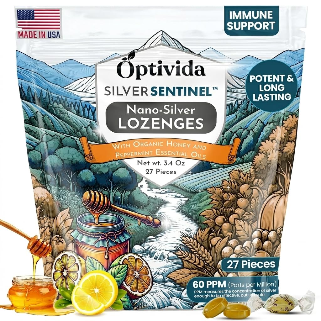 POPIVIDA 健康 含蜂蜜和柠檬油(1包)的Soloting Sore Throat Lozenges 配有Cough Relief和快速动作的纳米支持型纳米银方程式的成年人,60 Ppm