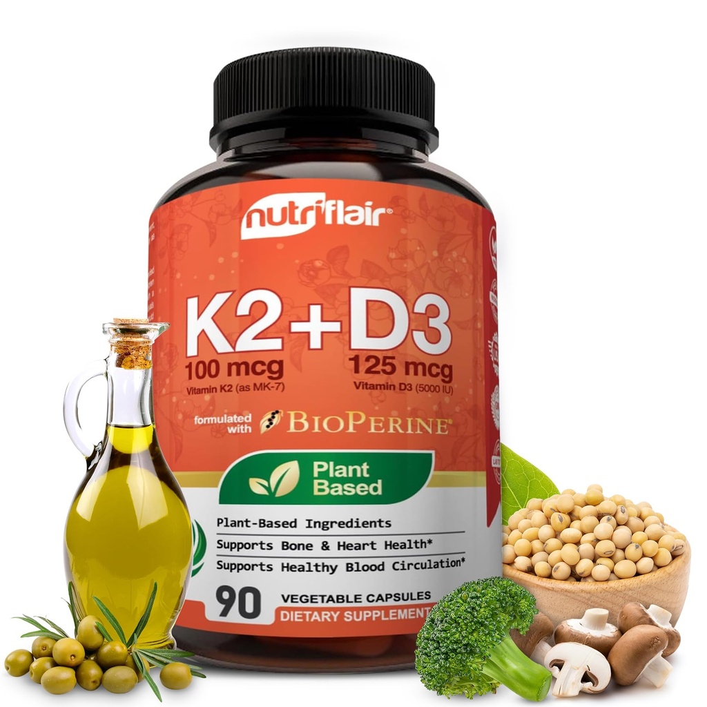 营养弗赖尔维生素D3(5000iu/125mcg)+K2(as Mk7) - 用植物成份加生素黑椒提取剂制造,90 Capsules - 支持健康免疫,心脏和健康 - 非GMO药丸