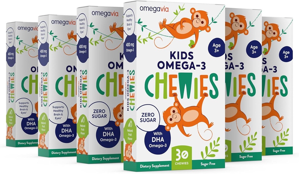 Omega 3 Gummys - Ultra-HA Chewwable Gel Gummy - 儿童支持脑眼健康 - 无糖天然水果火焰 - 儿童 Omega 3 鱼油 Gummys (6包)